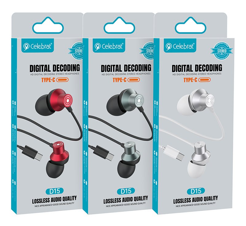 CELEBRAT earphones με μικρόφωνο D15, USB-C σύνδεση, Φ10mm, 1.2m, μαύρα - Image 3
